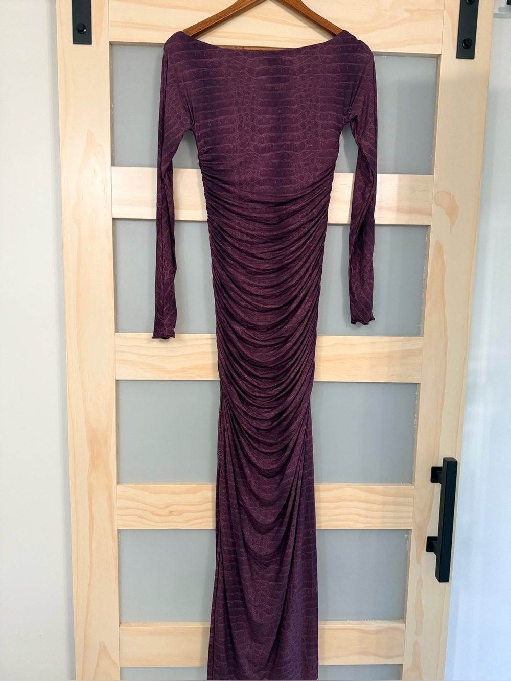 Naked Wardrobe Plum Snake Print Off Shoulder Ruched Maxi Dress Medium - Picture 3 of 5